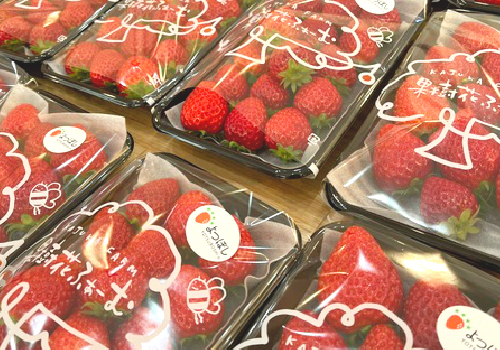 観光農園果樹花ふぁーむ外観とオブジェと看板